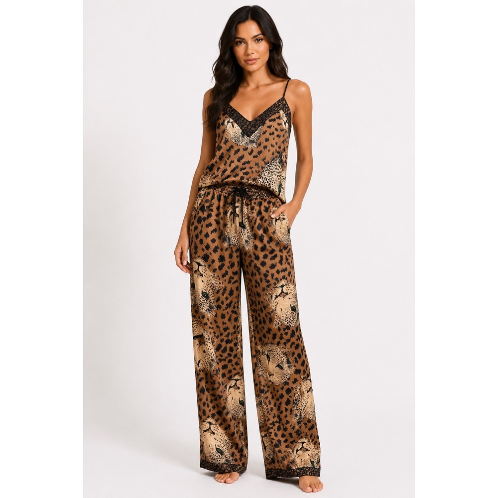 Karen Millen Leopard Print Nightwear Satin Camisole Top Pants Pajama Set US 4